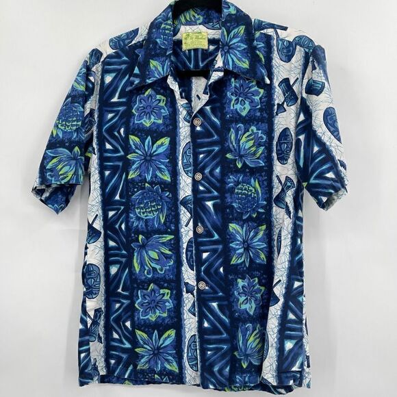 UI Makai Blue Floral Tiki Panel Hawaiian Short Sleeve Button Down Shirt Small - Picture 1 of 5